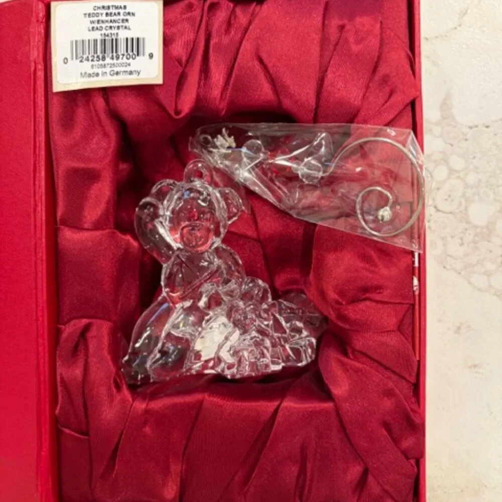 NIB 2011 Waterford Lead Crystal Christmas Teddy Bear Ornament W/Enhancer Germany